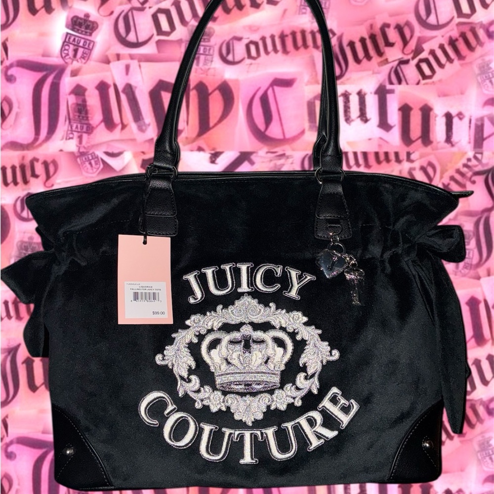 Juicy Couture Black Velvet Tote with Embroidered Crown Logo